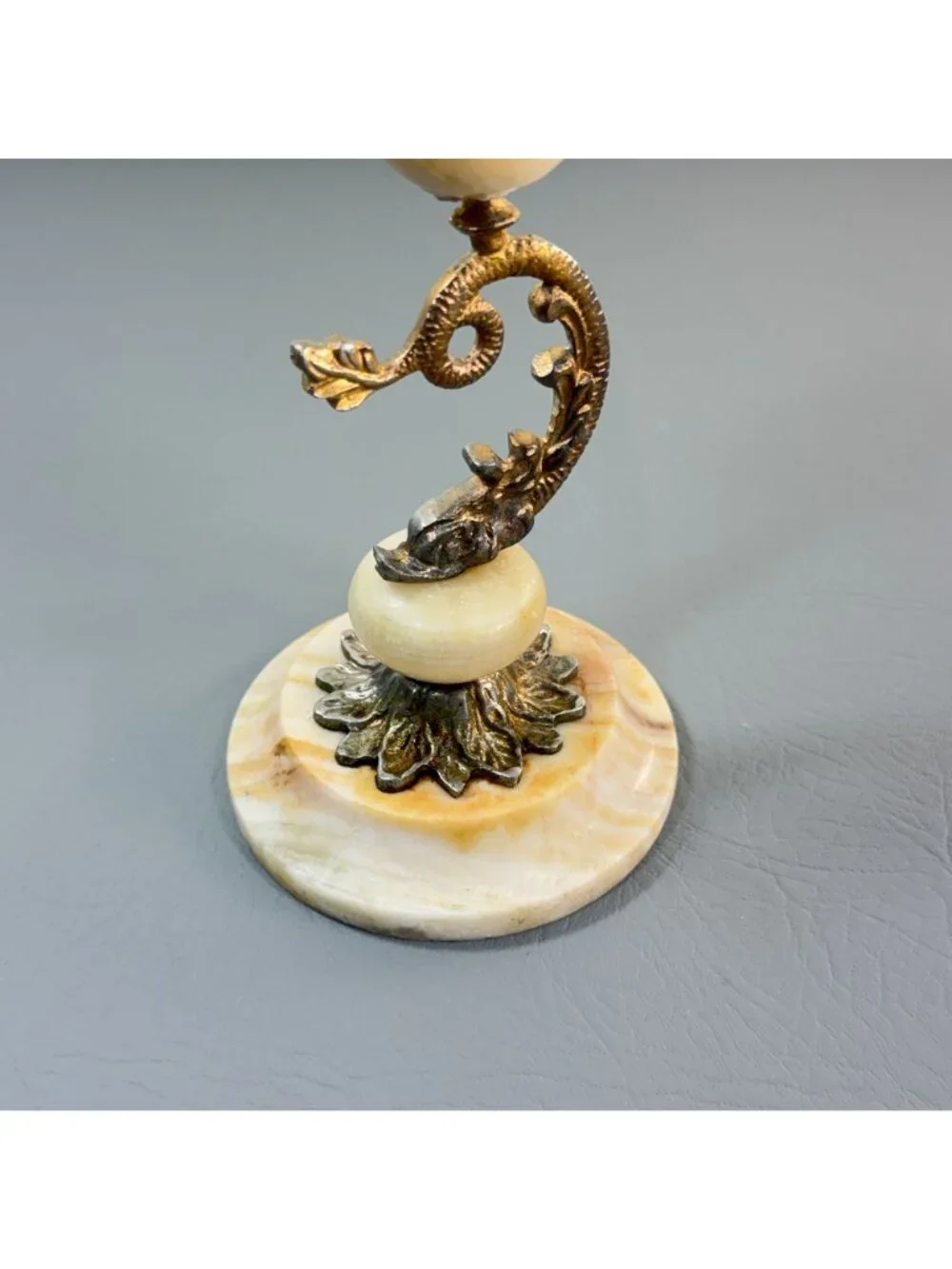 Vintage Onyx Marble Brass Dolphin Candlestick Hollywood Regency Pricket 8